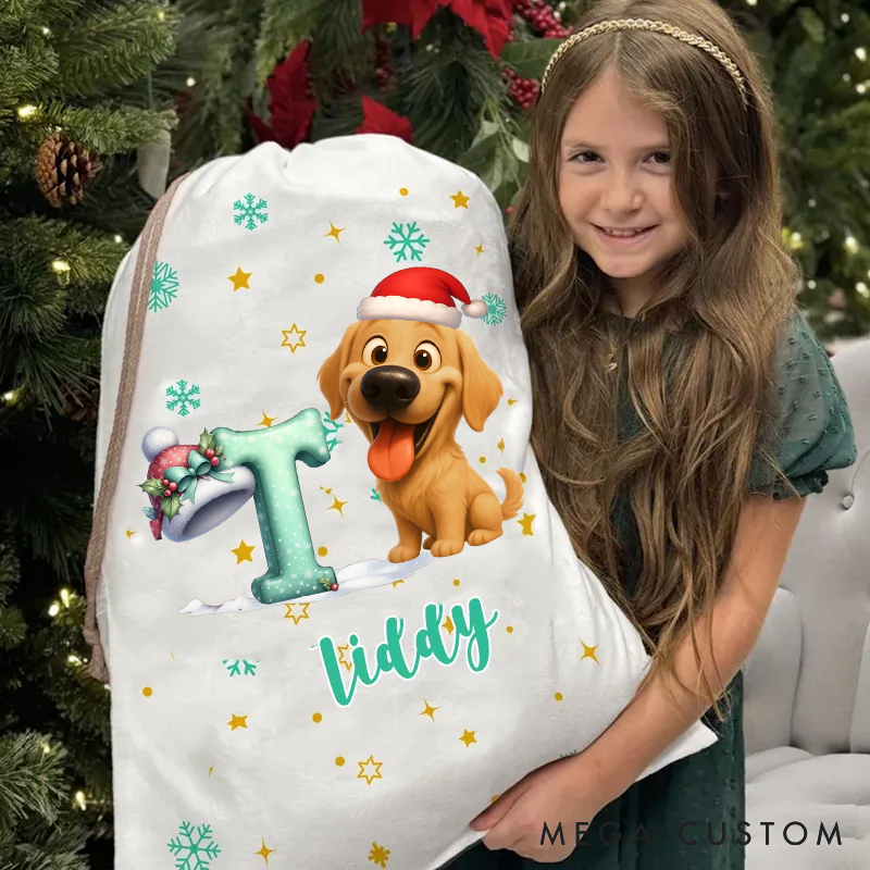 Personalized Dog Lover Cute Cartoon Santa Hat Snowman with dog Christmas Sack