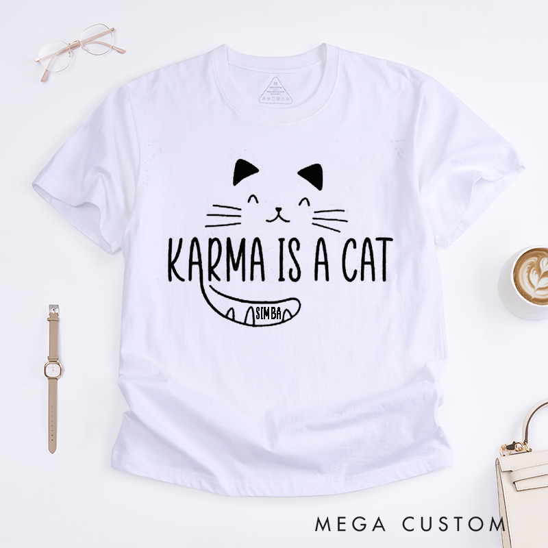 Personalized Karma Is A Cat Unisex Classic T-Shirts Custom Music Lovers Cute Cat Lovers Gift Unique Tee for Swifties Friends Family