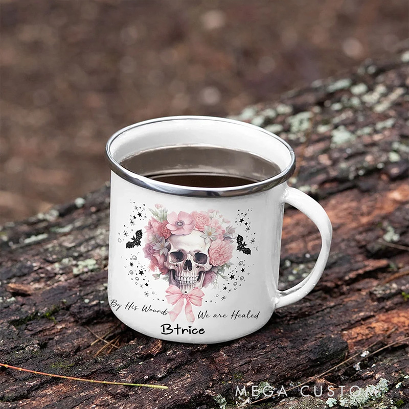 Personalized by His Wounds we are Healed Pink Floral Skull Bats Enamel Mug with Name Halloween Gift Religious Gift