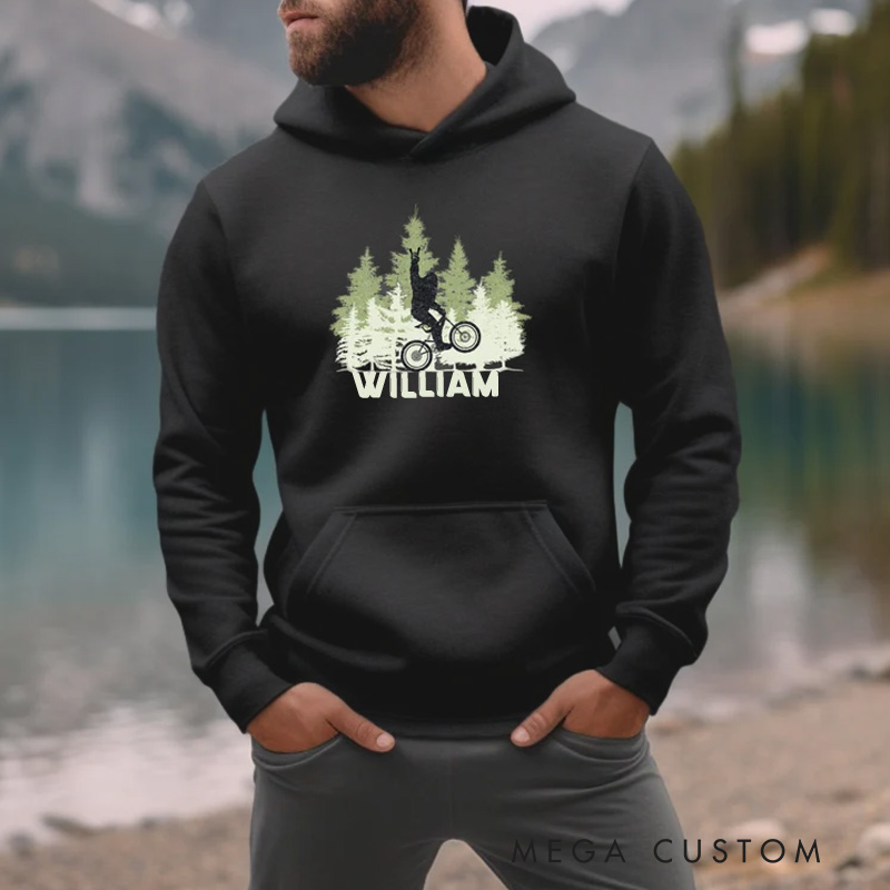 Personalized Bigfoot Bike Hoodie with Forest Bicycle for Cycling Lovers