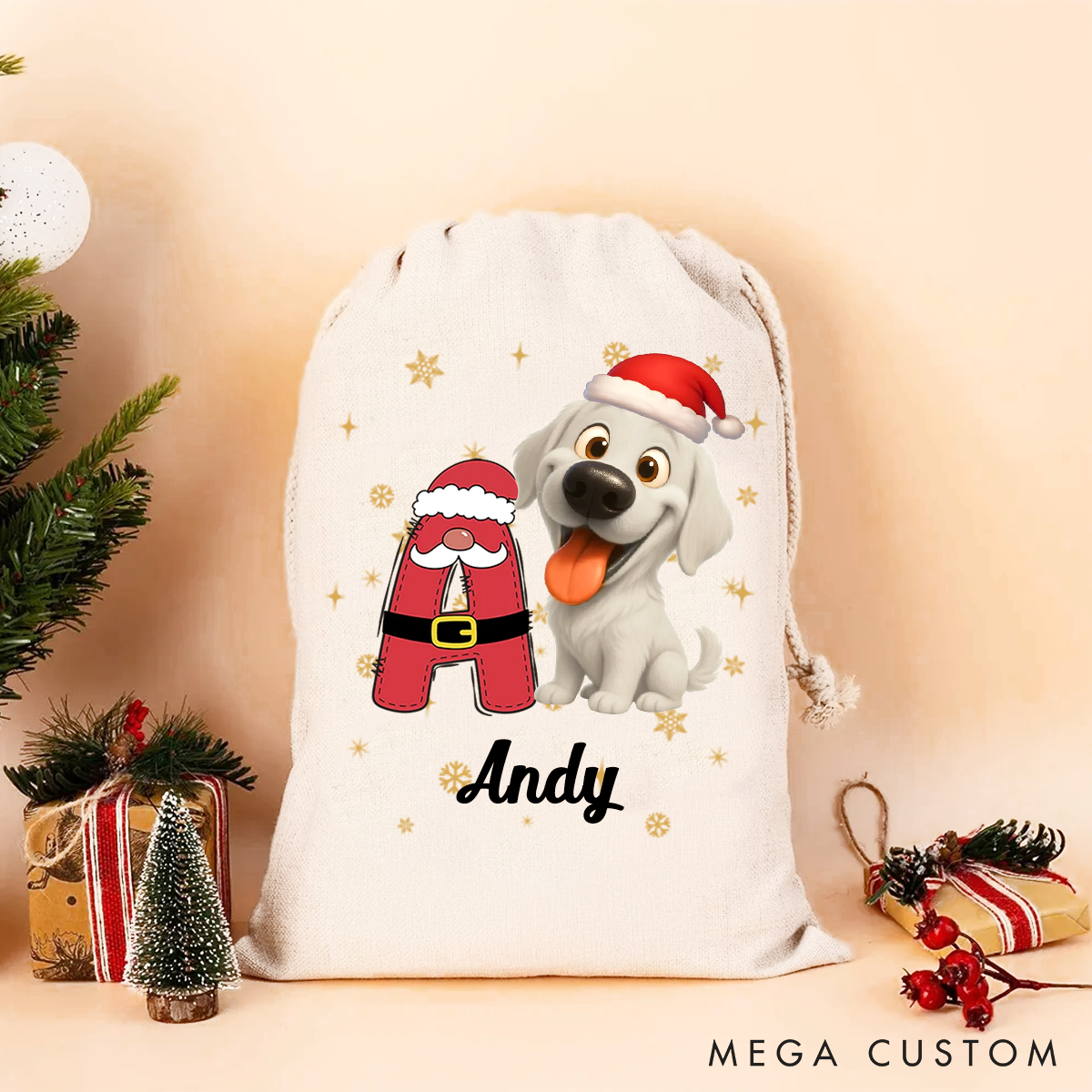 Personalized Dog Lover Snowman Reindeer Initial with dog Christmas Sack