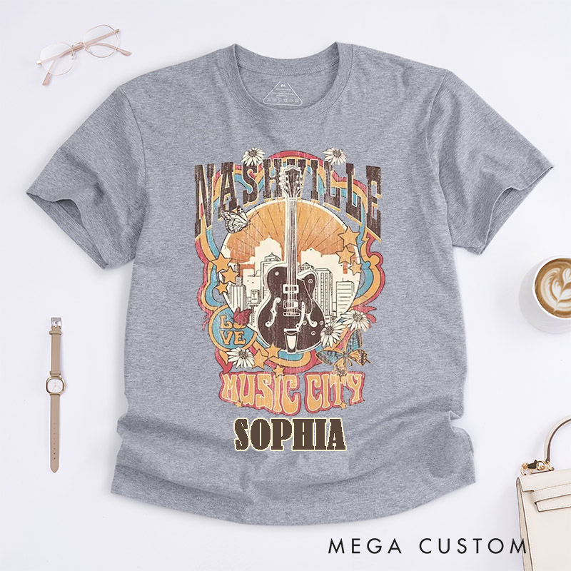 Personalized Nashville Music City Classic T-Shirts Custom Name Vintage Retro Guitar Unisex Gift for Country Music Lovers Men Women Birthday Concert