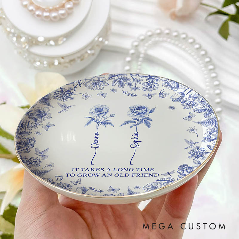 Personalized Bridesmaid It Takes A Long Time To Grow An Old Friend Round Ring Dish Bride Birth Flower Toile De Jouy Ring Dish Bachelorette Party