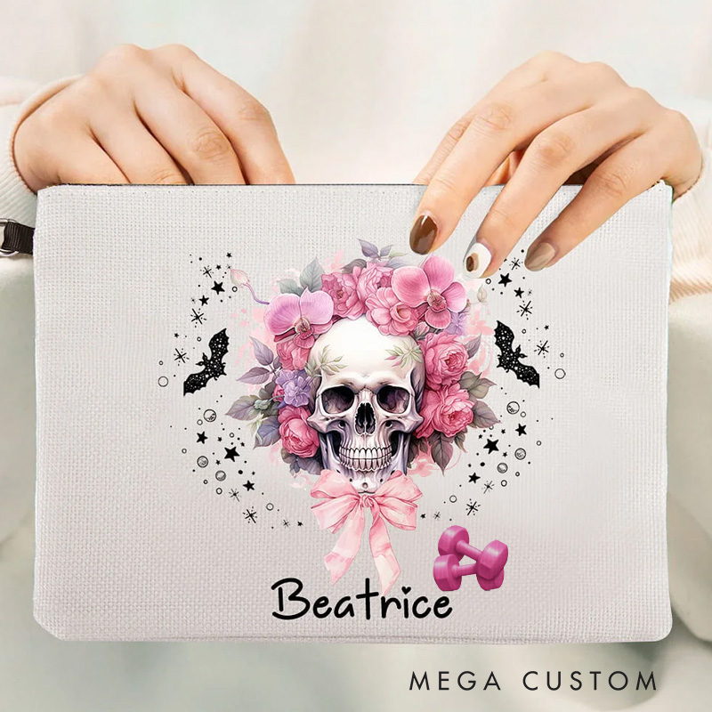 Personalized Gym Makeup Bag Pink Floral Skull Bats Makeup Bag with Name Halloween Gift for Women