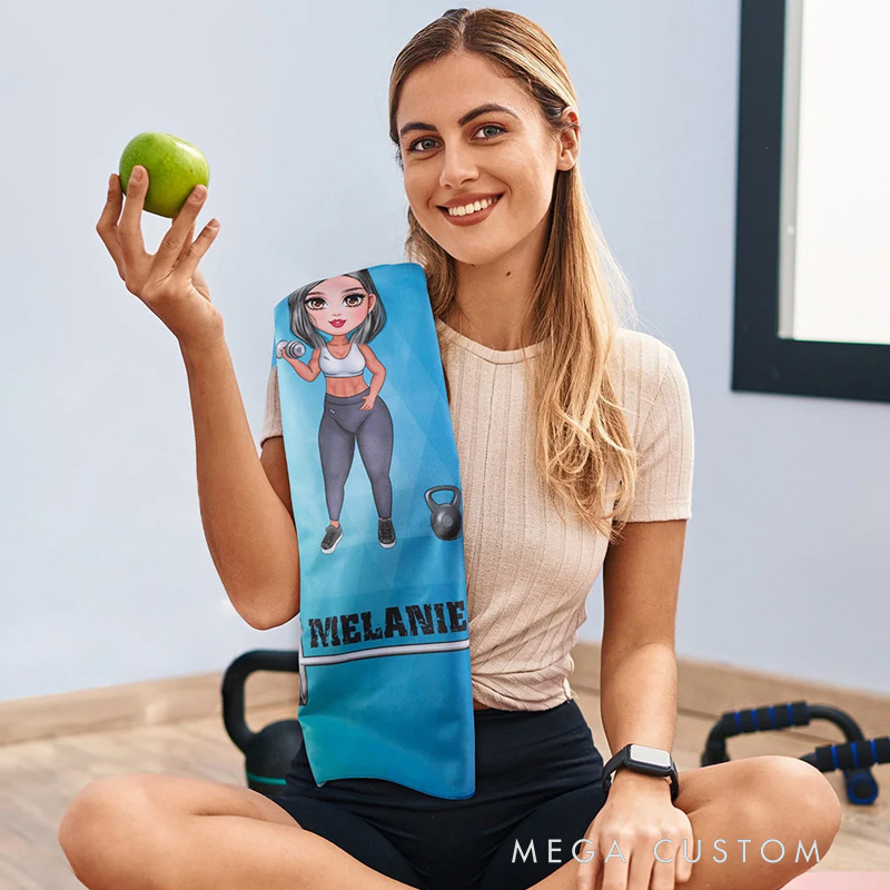 Personalized Cartoon Fitness Girl Design Super Absorbent Portable Sport Towel with Name Gym Workout Birthday Gift for Sports Lovers