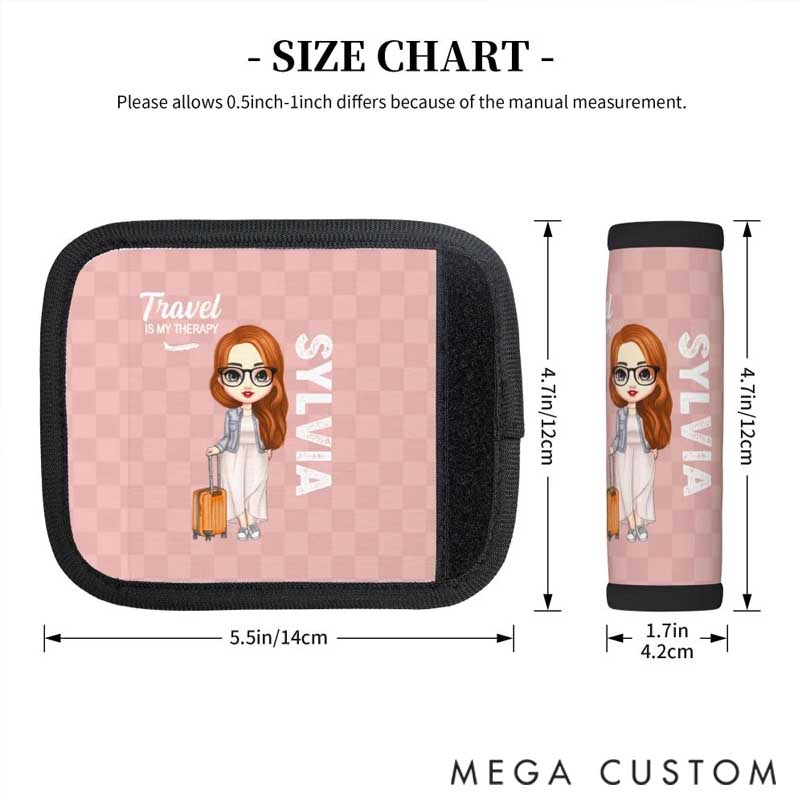 Personalized Travel Is My Therapy Cartoon Character Set of 2 Luggage Handle Wraps with Name and Contact Card Travel Accessories Gift for Travel Lovers