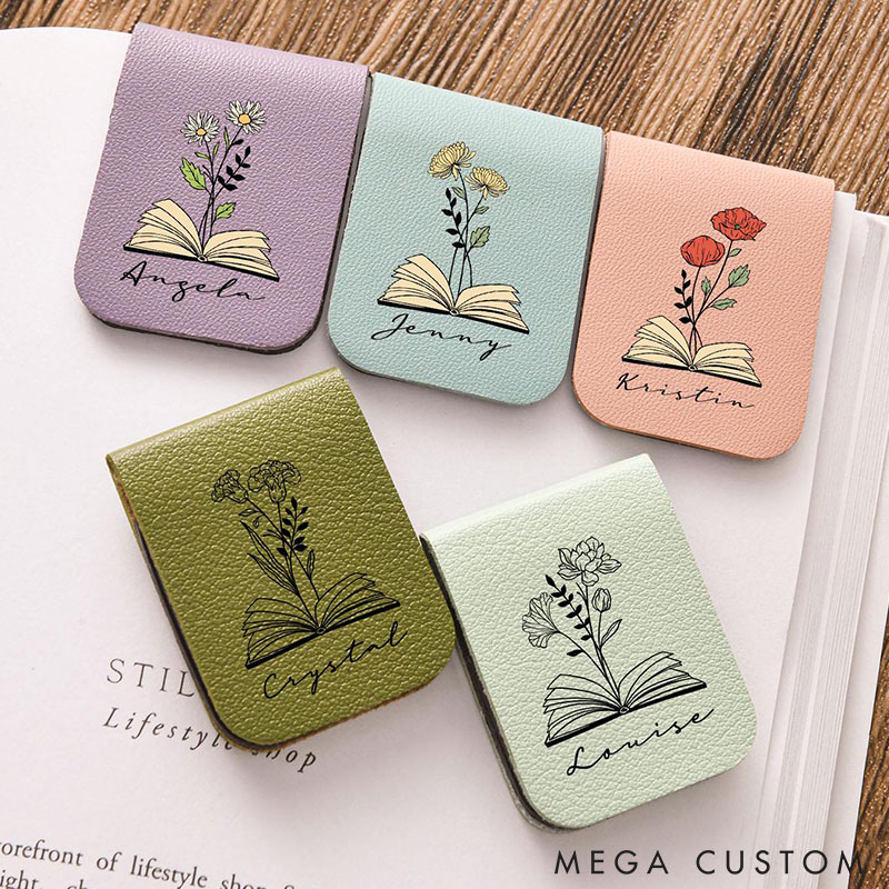 Personalized Name Bookmark with Birth Flower Custom Leather Birth Flower Bookmark Magnetic Bookmark Book Lover Gift Book Accessory