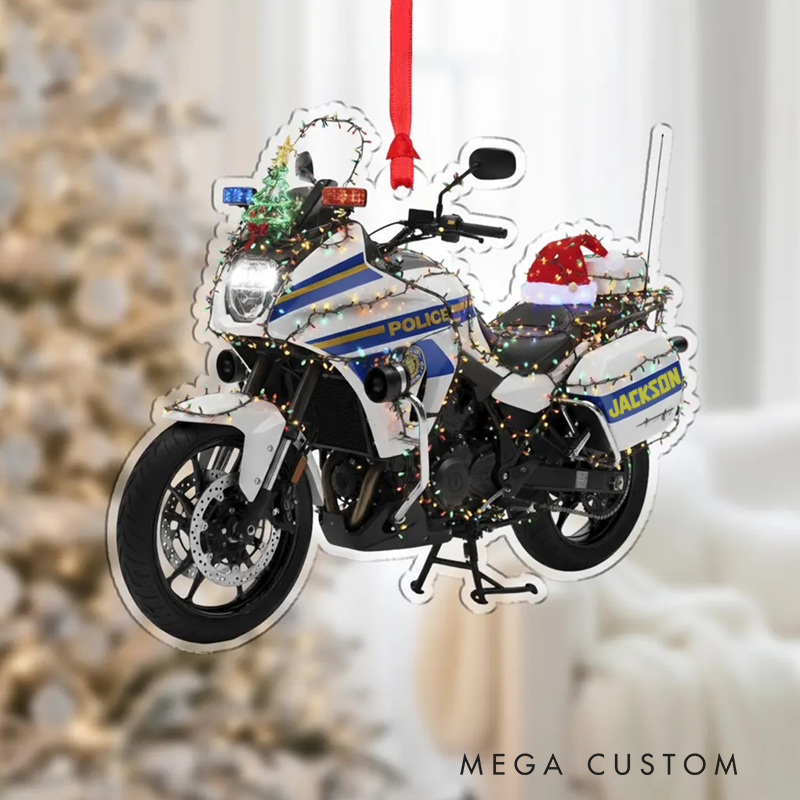 Personalized Police Motorcycle Ornament with Festive Holiday Design Gift for Law Enforcement