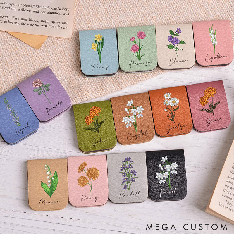 Personalized Magnetic Birth Flower Bookmark Custom Name Leather Bookmark Book Lover Gift Book Accessory