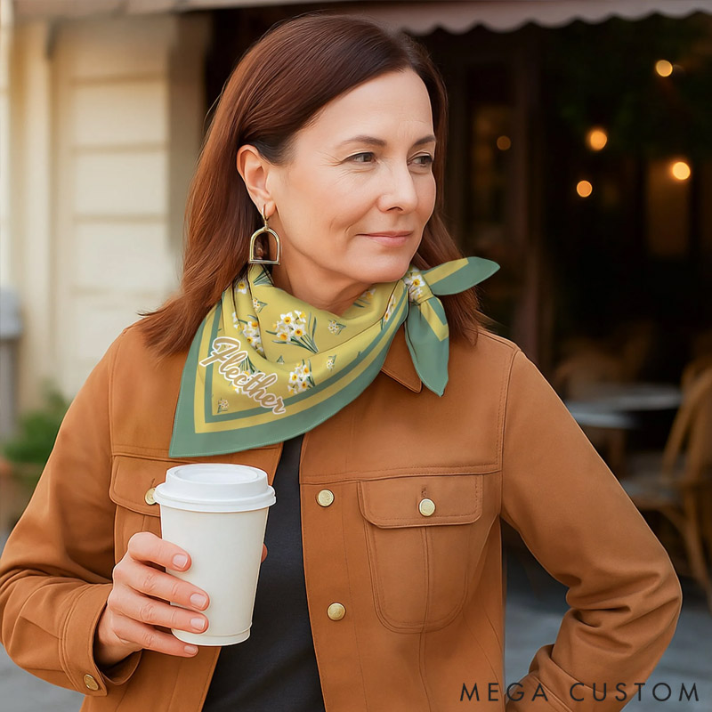 Personalized Vintage Birth Flower Soft Stain Square Scarf with Name Travel Party Accessory Birthday Gift for Women