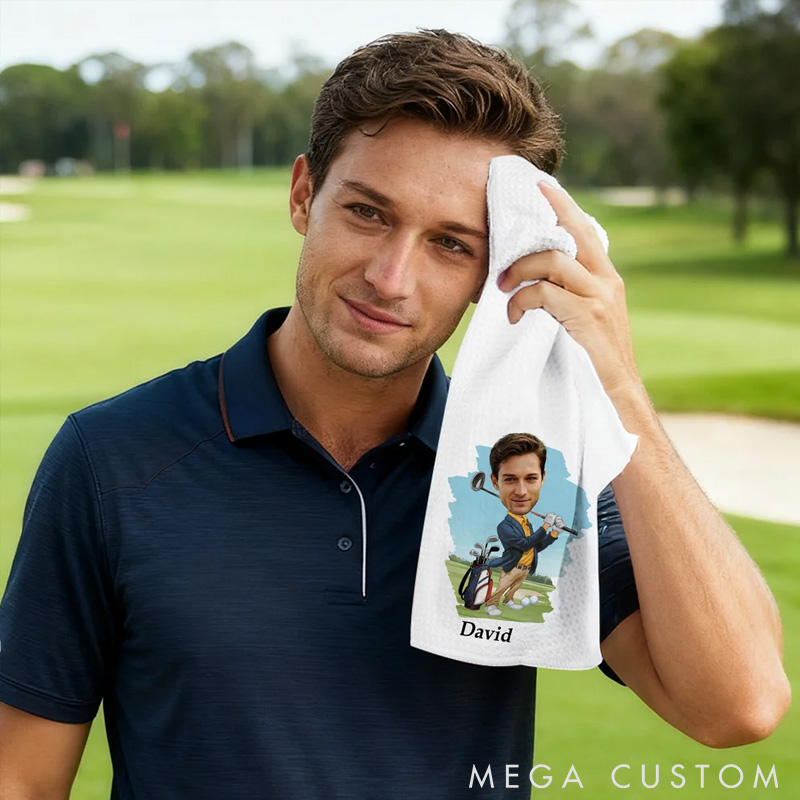 Personalized Head Photo Character Golf Towels with Name and Carabiner Clip for Game Day A Unique Gift for Golf Lovers