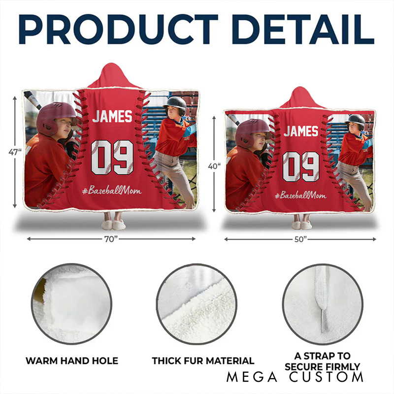 Personalized Photo Wearable Blanket Hoodie with Custom Name and Photo Baseball Mom