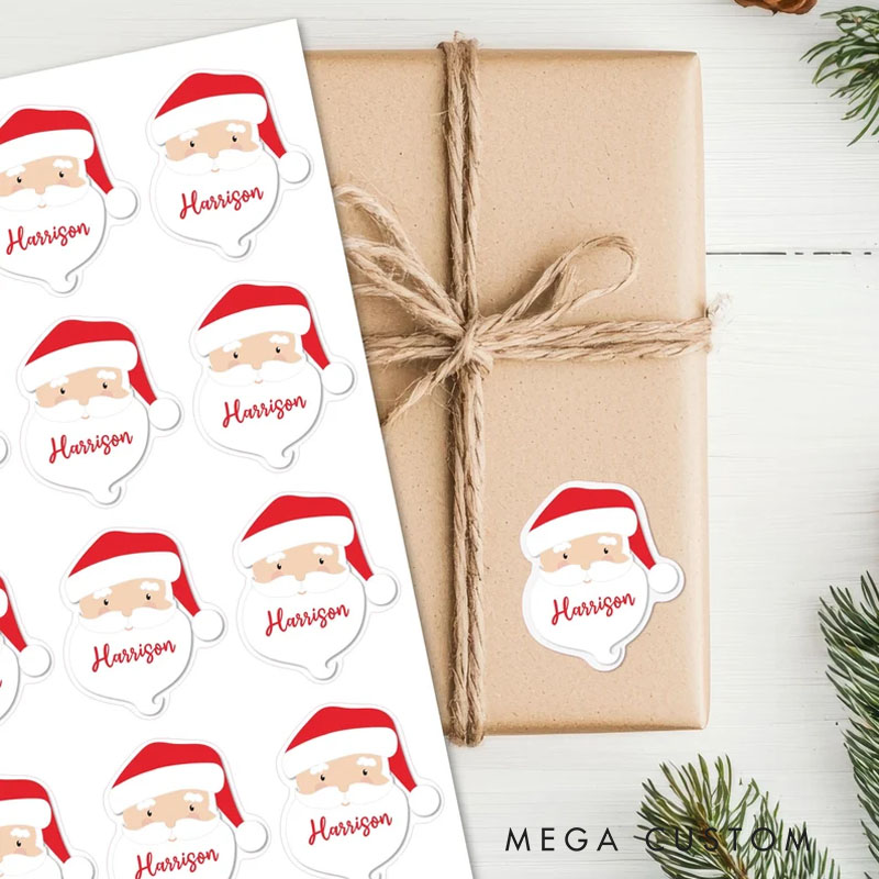 Personalized Santa Claus Gift Sticker with Festive Hat and Custom Name for a Merry and Joyful Holiday Touch