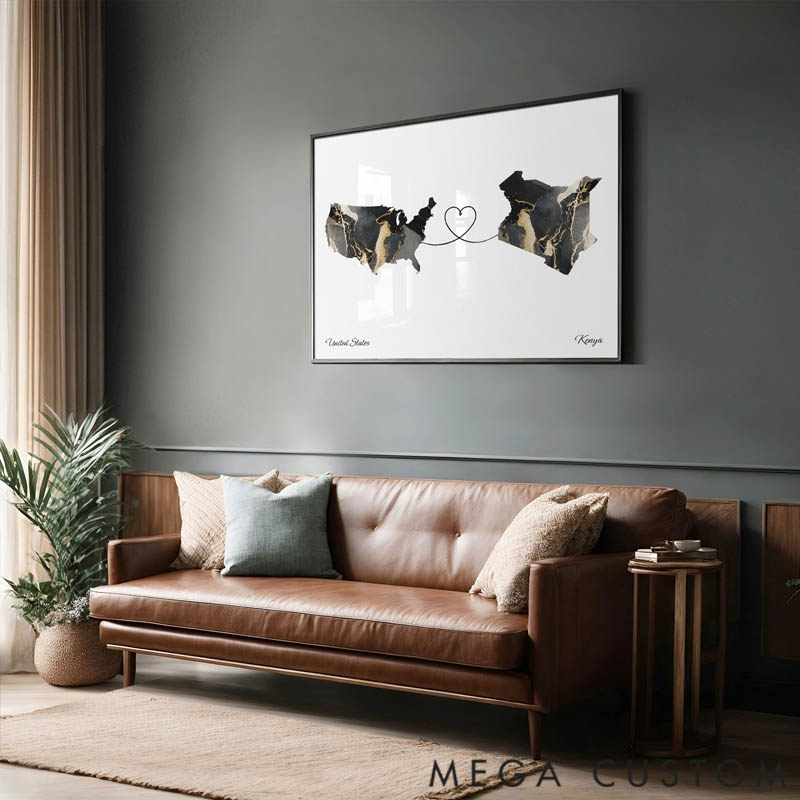 Personalized Canvas Art Travel Marble Two Country Connection Art Home Decor for Travel Lovers