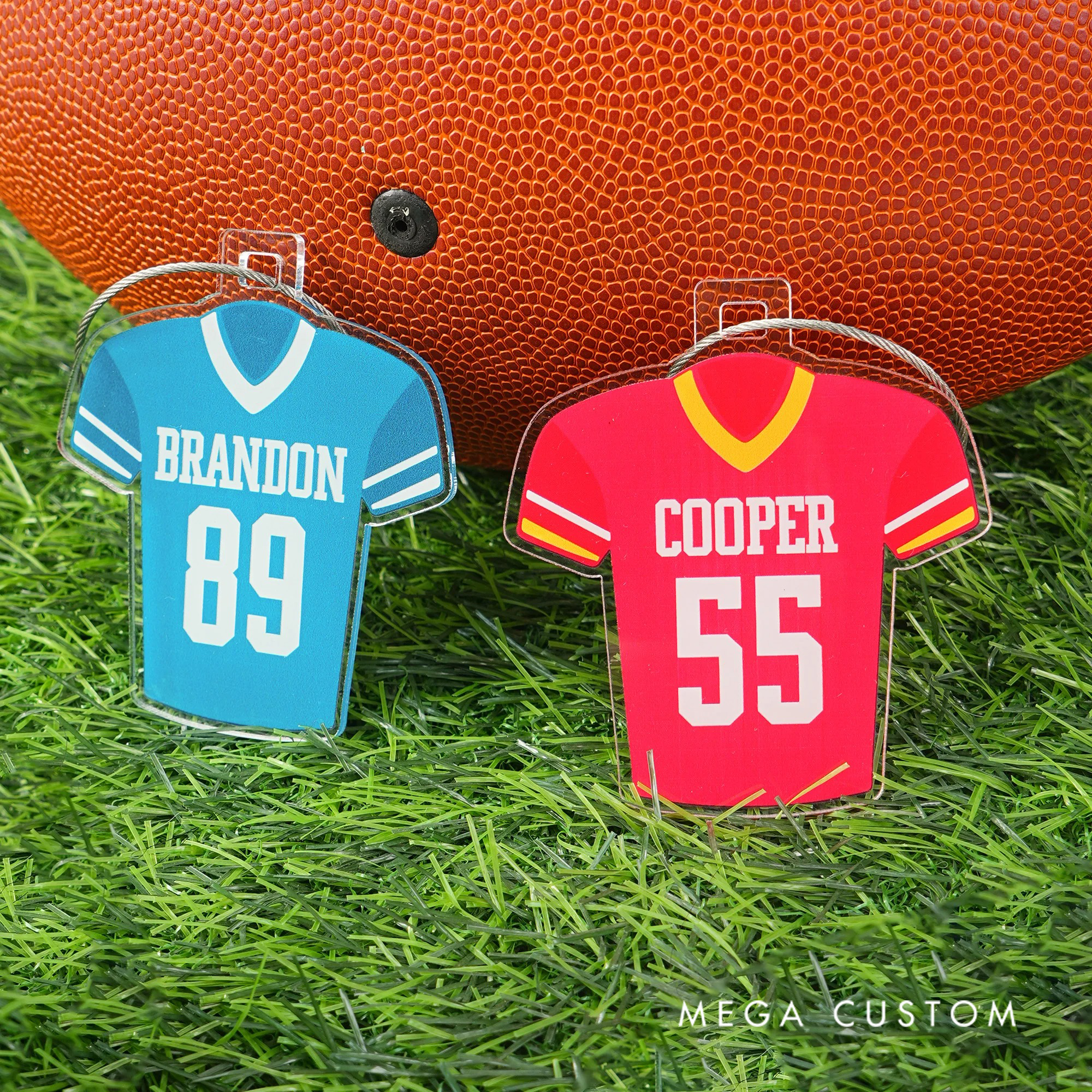 Personalized Multicolor Football Jersey Acrylic Keychain Backpack Tag with Name and Number Game Day Birthday Gift for Football Sports Lovers
