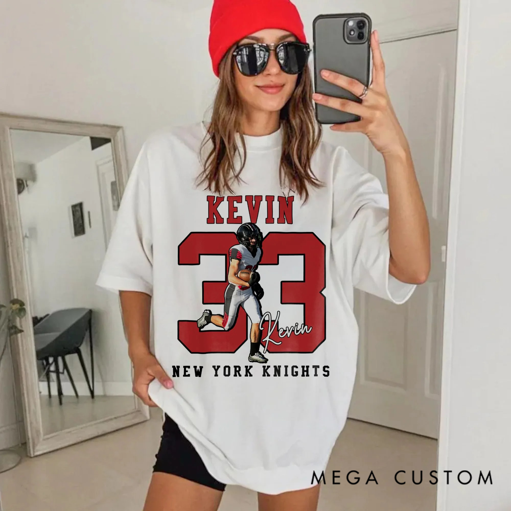 Personalized American Football Photo Heavyweight 100% Cotton T-shirt with Name and Number Game Day Club Gift for Sport Player Mom