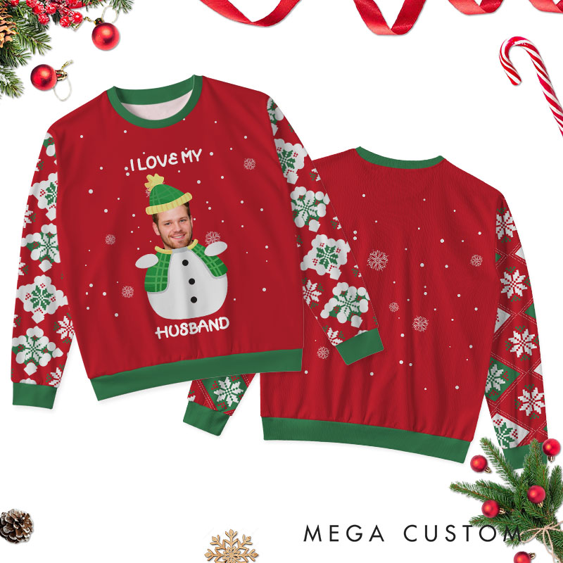 Personalized I Love My Wife Husband Snowman Christmas Ugly Sweater Couple Xmas Ugly Sweater for Husband Wife Boyfriend Girlfriend