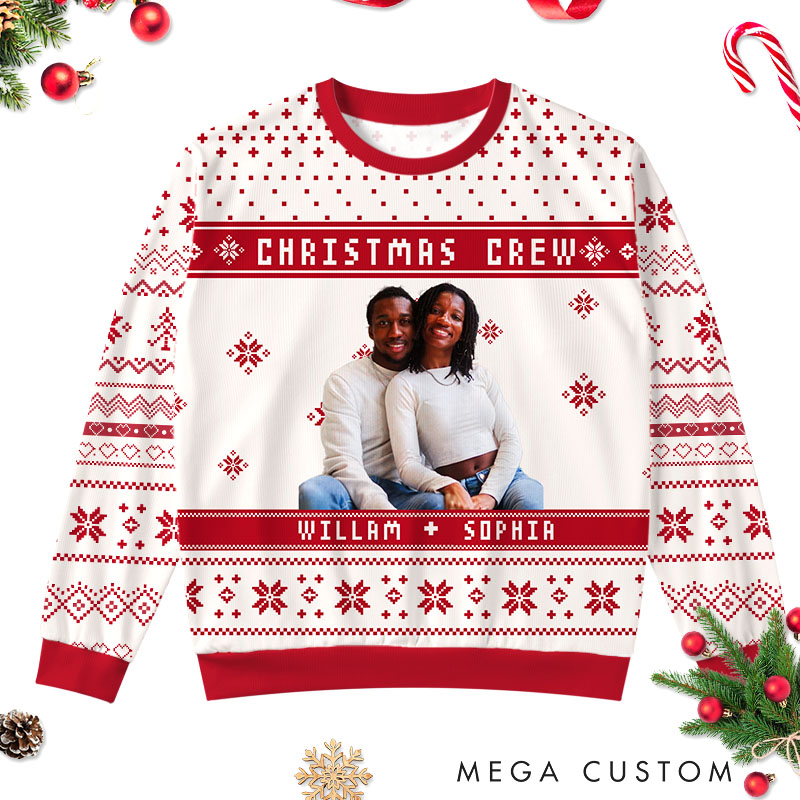 Personalized  Couple Christmas Crew Photo Ugly Sweater Couple Festive Sweater with Photo for Husband Wife Couple Anniversary Ugly Sweater