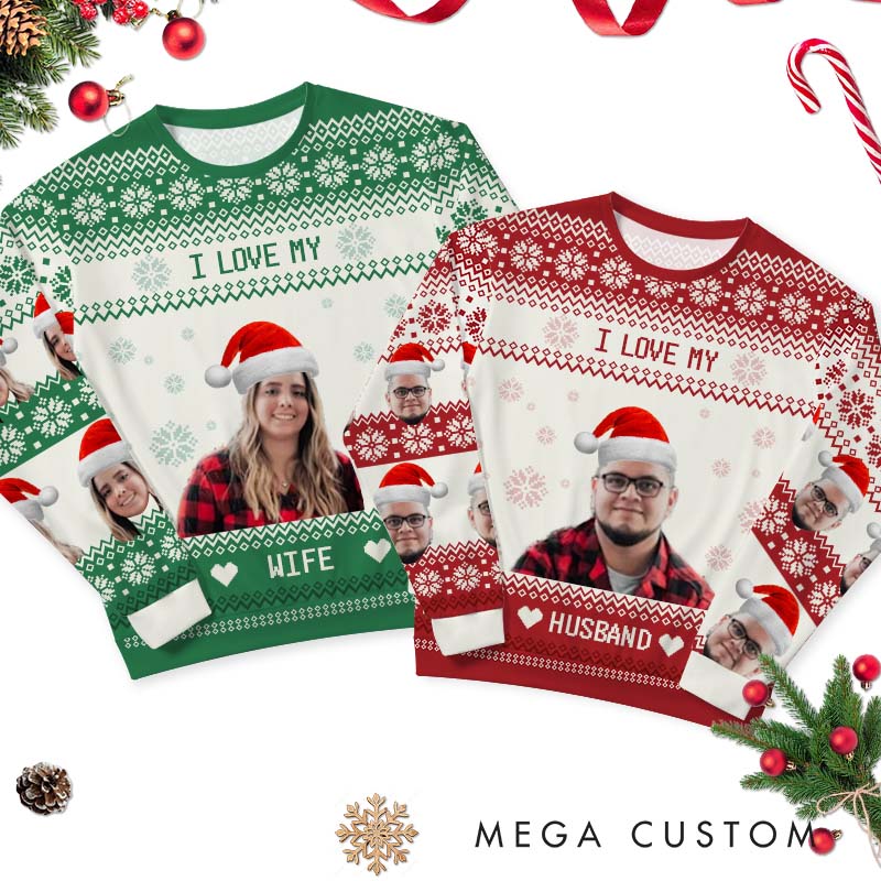 Personalized I Love My Wife Husband Christmas Sweaters Couple Photo Ugly Sweater Husband Wife Xmas Sweater with Photo