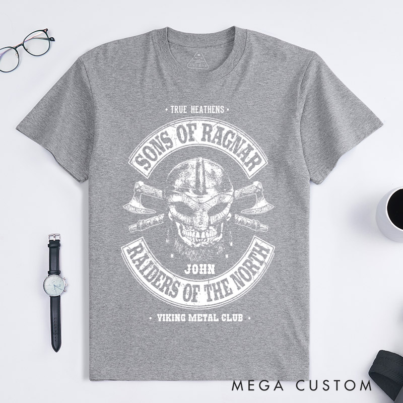 Personalized Viking Skull Classic T-Shirts Custom Name Norse Warrior Gift for Men Women Unique Raiders of the North Viking Metal Music Fans Tee