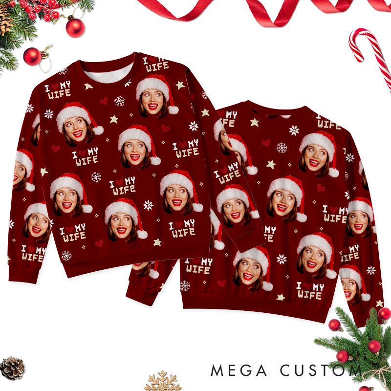 Personalized I Love My Wife Husband All-Over Ugly Sweater Couple Christmas Sweater Husband Wife Couple Edition Ugly Sweater Xmas Gift Sweater with Photo