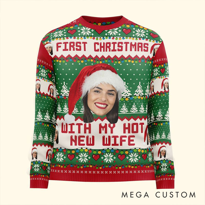 Personalized Couple Ugly Sweater First Christmas with My Hot New Wife Husband Couple Edition Christmas Sweater for Husband Wife