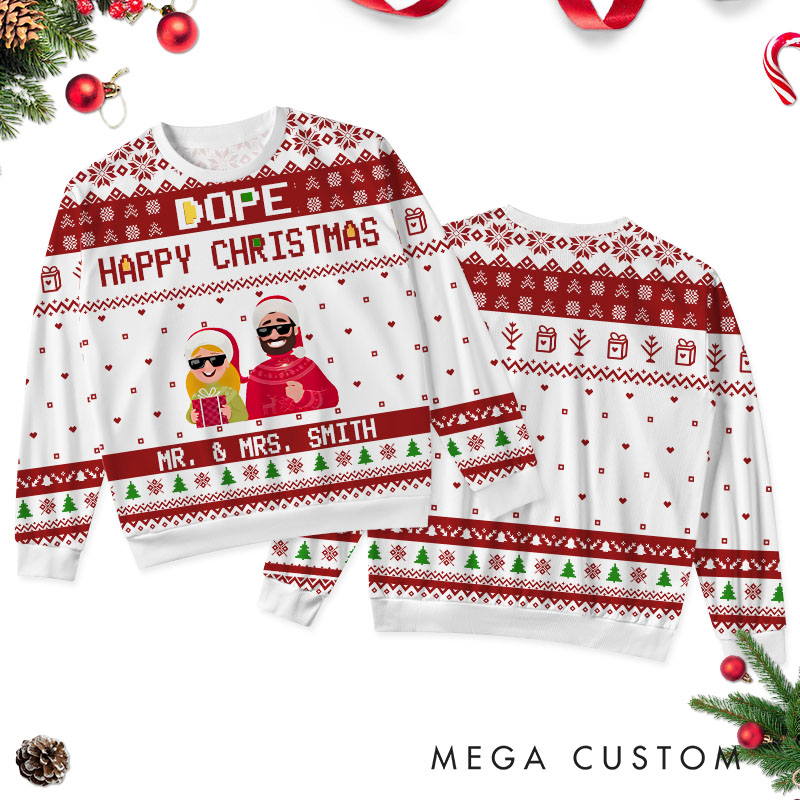 Personalized Couple Dope Happy Christmas Ugly Sweater Couple Xmas Crewneck Sweatshirt Christmas Gift for Boyfriend Girlfriend Husband Wife