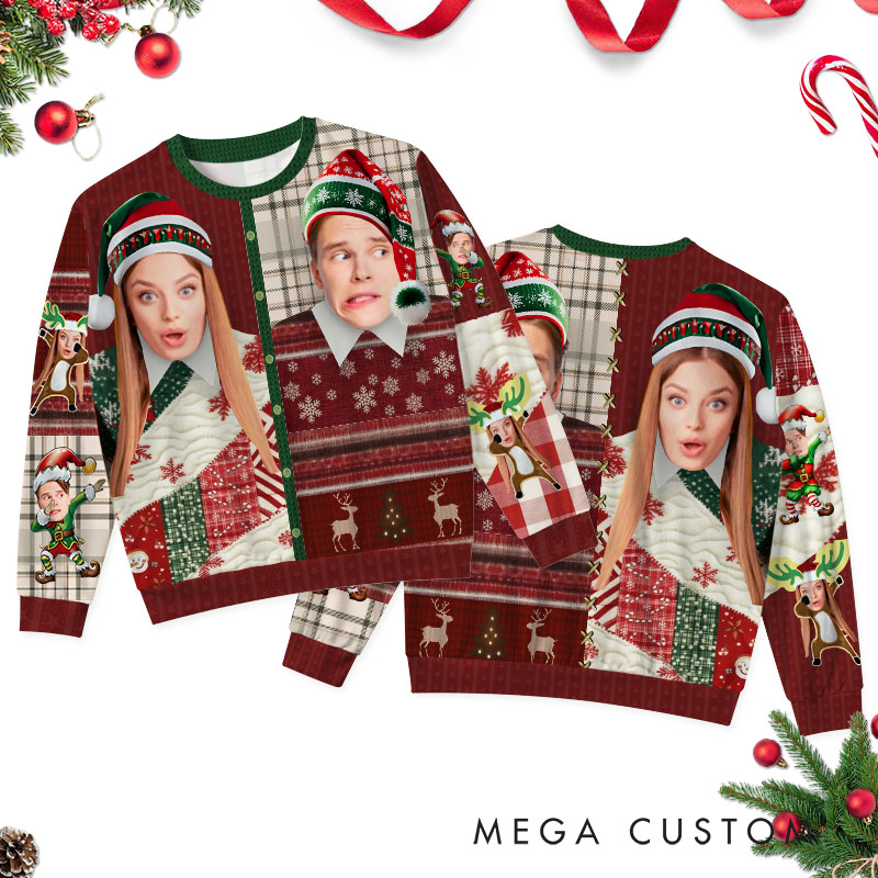 Personalized Hilarious Couple Photo Christmas Ugly Sweater Custom Couple Face Xmas Matching Crewneck Sweatshirt Christmas Gift for Husband Wife