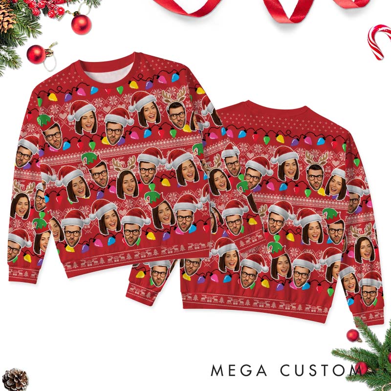 Personalized Couple Photo Patchwork Christmas Ugly Sweater Custom Couple Face Xmas Light Matching Crewneck Sweatshirt Christmas Gift for Husband Wife