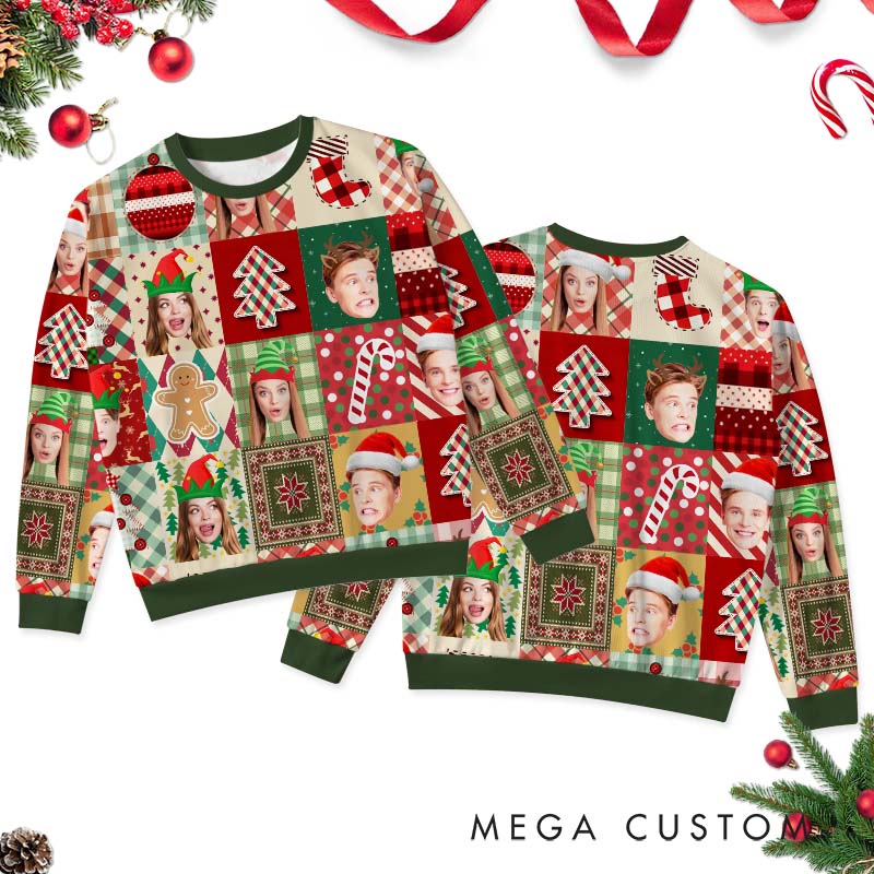 Personalized Funny Couple Photo Patchwork Christmas Ugly Sweater Custom Couple Face Xmas Matching Crewneck Sweatshirt Christmas Gift for Husband Wife