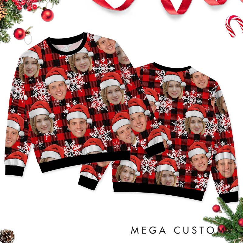 Personalized Funny Couple Red Plaid Christmas Ugly Sweater Custom Couple Face Photo Xmas Matching Crewneck Sweatshirt Christmas Gift for Husband Wife