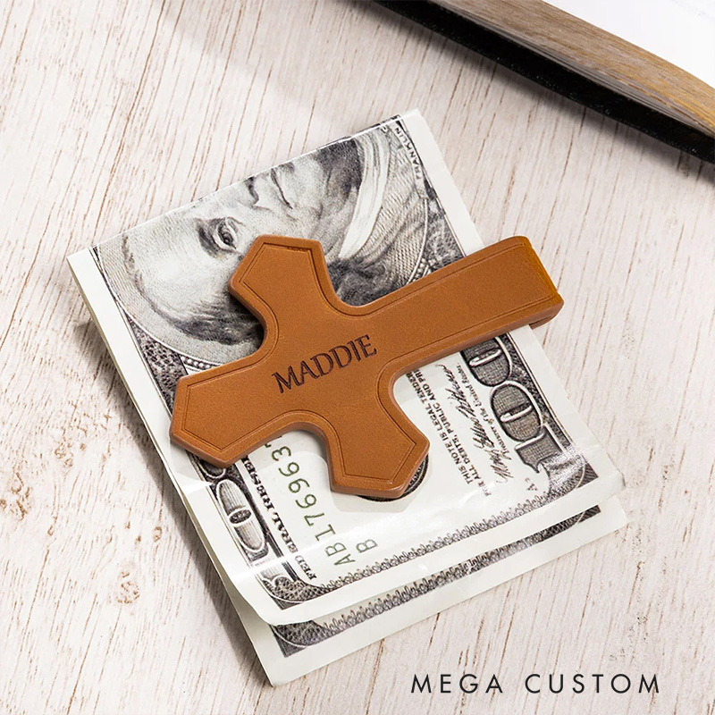Personalized Engraved Name Cross PU Leather Magnetic Bookmark Clip Reading Accessory Religious Baptism Gift for Book Lover Christian
