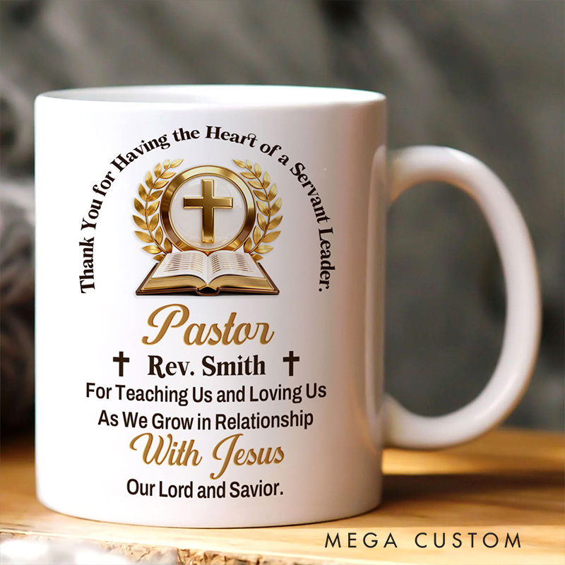 Personalized Golden Pastor Emblem Ceramic Mug with Name Religious Gift Appreciation Gift for Pastor