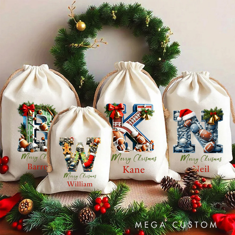 Personalized Christmas American Football Gift Bag with Custom Initial and Name Design