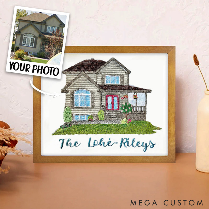 Personalized Embroidered House Photo Frame with Family Name Home Decor Wedding Housewarming Christmas Gift for Family Friends
