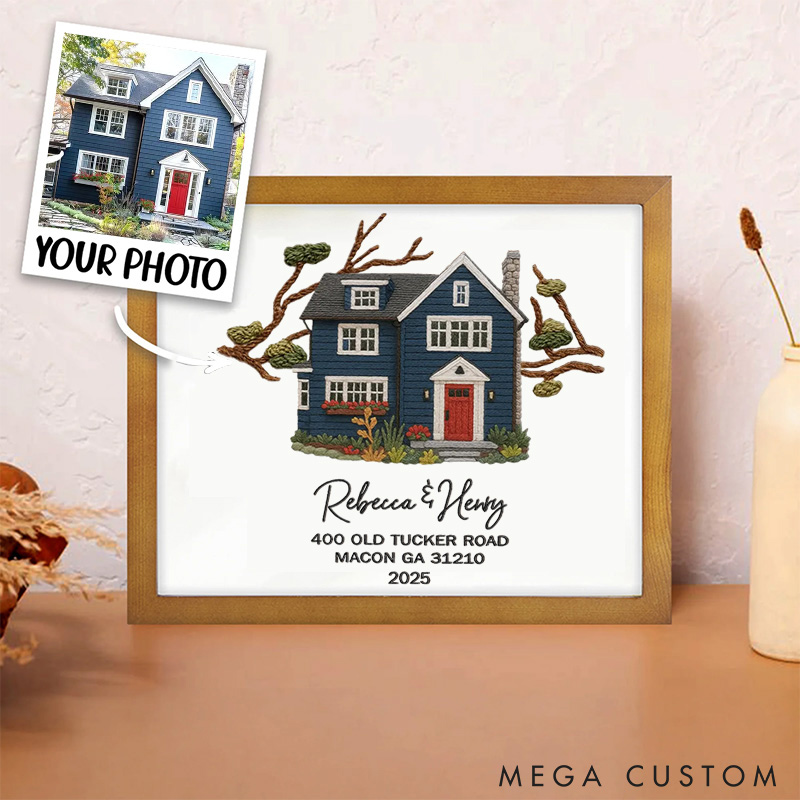 Personalized Embroidered House Photo Frame with Name Address Home Decor Custom Housewarming Gift from Photo New Home Wedding Christmas Gift for Family