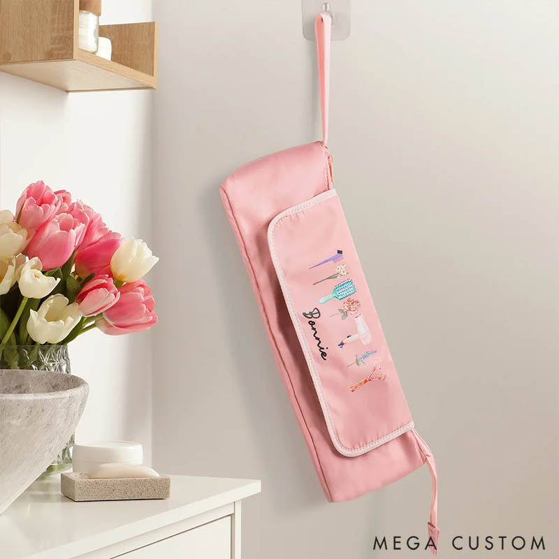 Personalized Stylish Birth Flower Hairdressing Element Portable Hair Tools Travel Bag with Name and Heat Resistant Mat Birthday Gift for Women