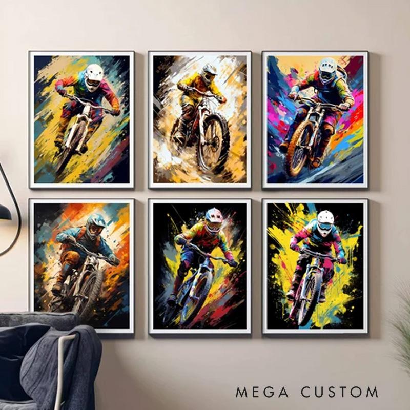Personalized Photo Mountain Bike Pop Art Prints Cycling Poster MTB Bike Wall Art Sports Printable Bicycle Downhill Sport Boys Room Art Decor