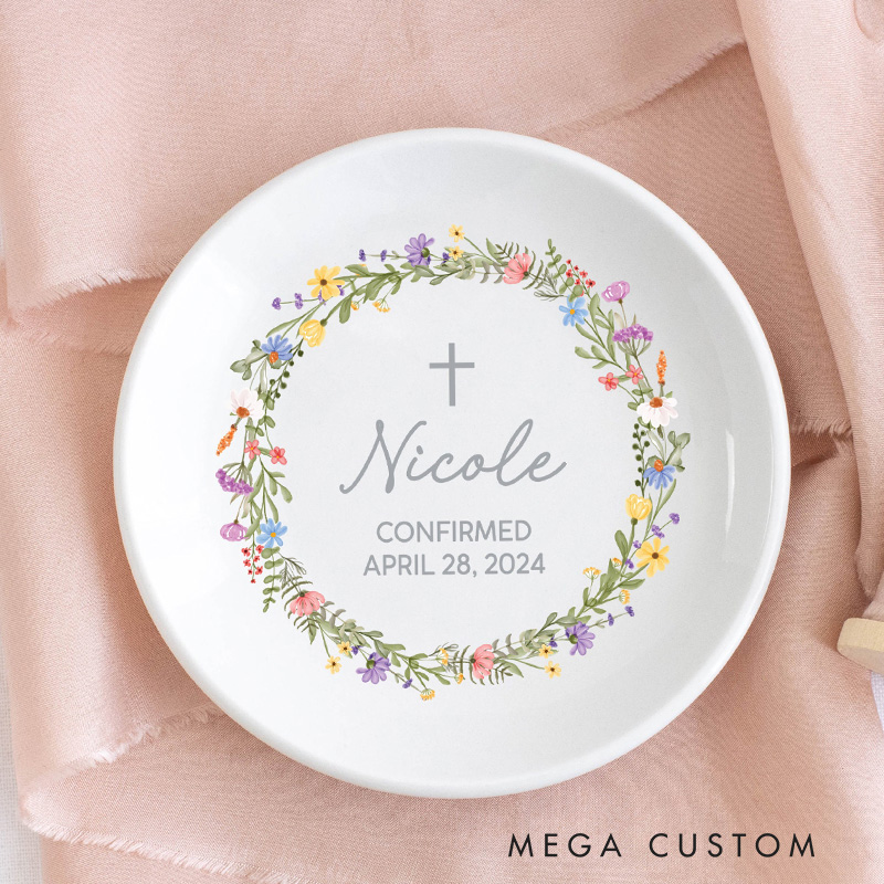 Personalized Floral Wreath Ring Dish Jewelry Tray with Name and Text Confirmation Gift Religious Gift for Christians 