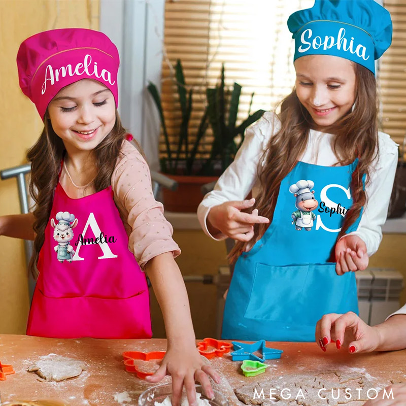 Personalized Lamb Dinosaur Animal Chef Initial Name Adjustable Apron Chef Hat Set with Pocket Cooking Baking Birthday Gift for Kids