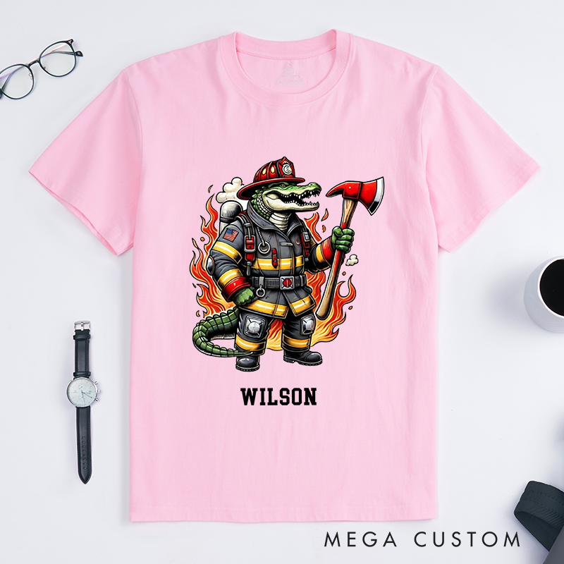 [Copy]Personalized Fun T-Shirt Cartoon Firefighter Crocodile Design Gift for Firefighter T-Shirt