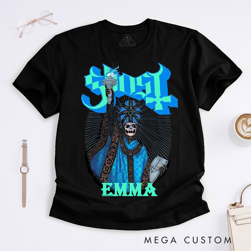 Personalized Skeleton Pope Statue Liberty Gothic Style Classic T-Shirts Custom Name Unisex Birthday Gift for Rock Lovers Men Women Friends Fans