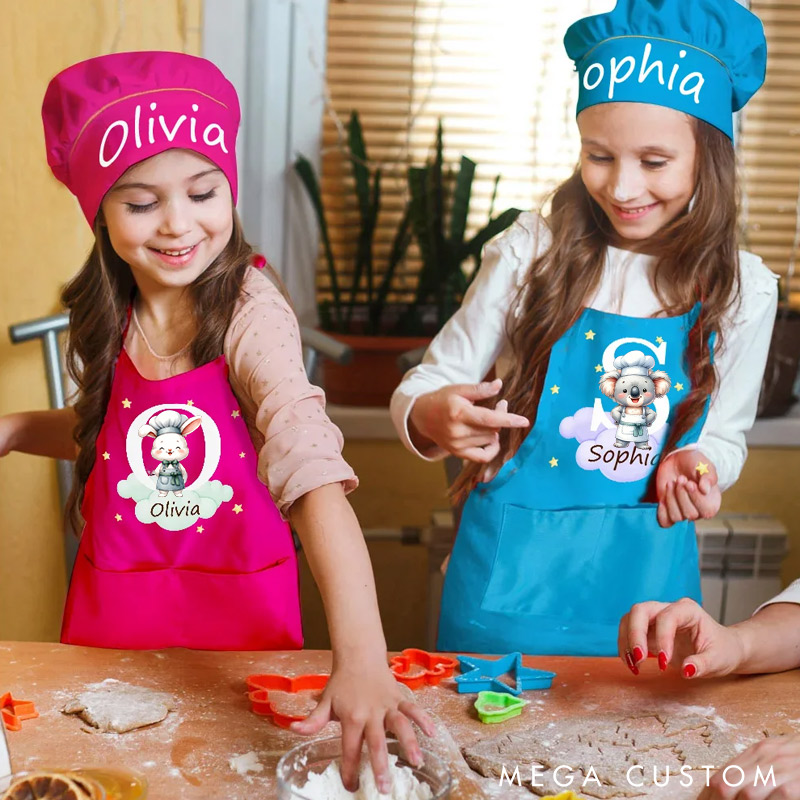 Personalized Cute Forest Animal Panda Elephant Adjustable Kid Apron Chef Hat Set with Name and Initial Handcraft Activities Birthday Gift for Kids