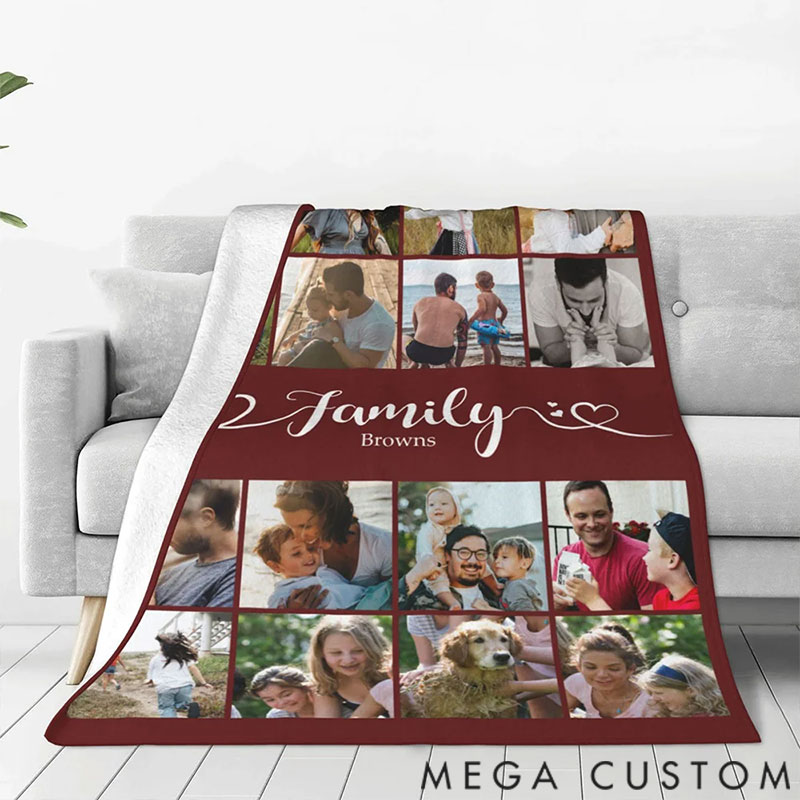 Personalized Multicolor 16 Photos Collage Soft Family Throw Blanket with Name Birthday Christmas Home Decoration Gift for Family