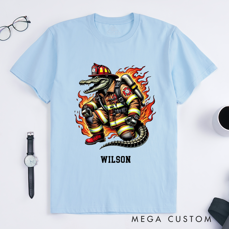 Personalized Bold Dynamic Creative Firefighter Crocodile Illustration Design Gift for Firefighter T-Shirt