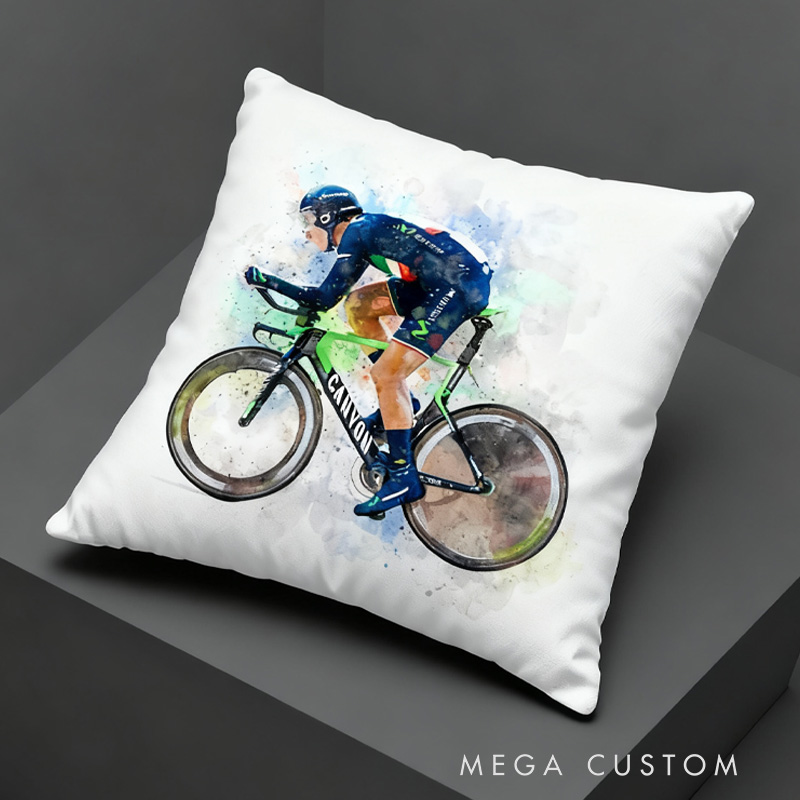 Personalized Photo Pillow for Cycling Lovers Bicycle Cartoon Watercolour Cyclist Gift Idea Cycling Present Housewarming First Home Gift  Custom Throw Pillow