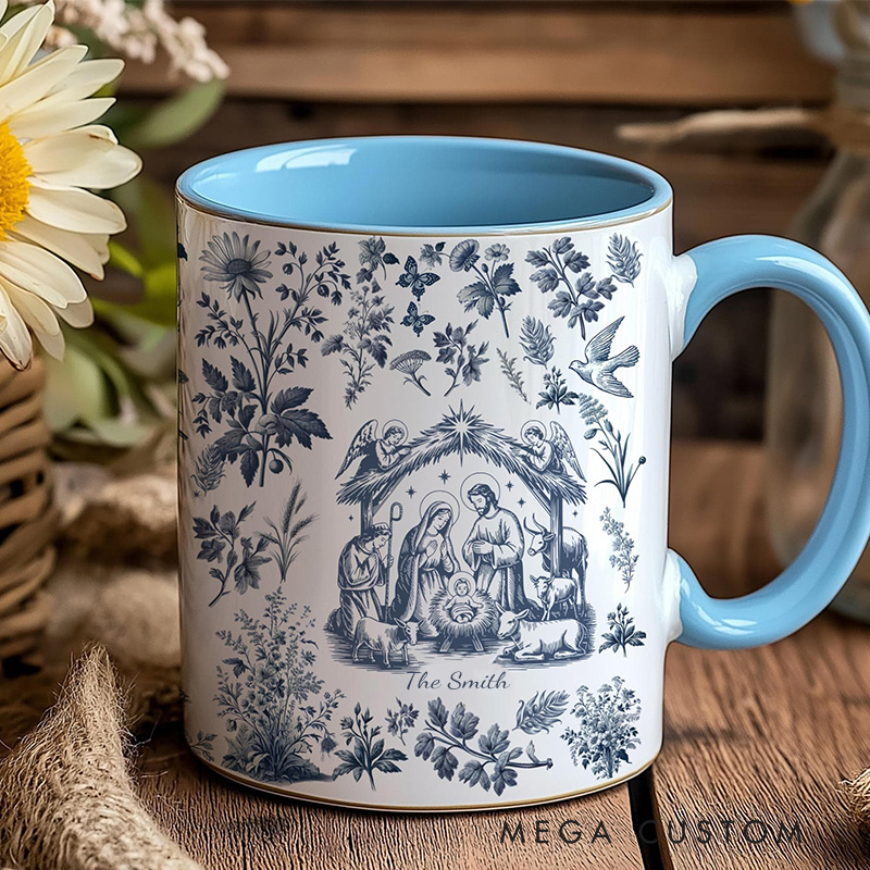 Personalized Nativity Scene Toile Ceramic Mug with Name Religious Inspirational Gift Christmas Gift for Christians