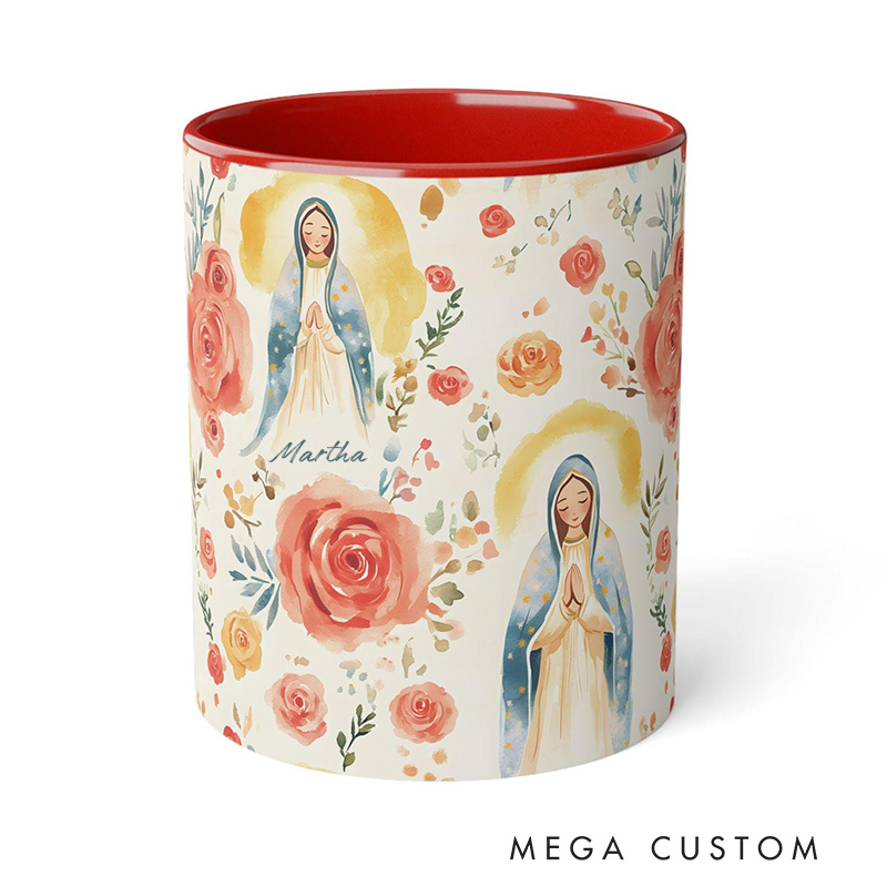 Personalized Rose Virgin Mary Ceramic Mug with Name Religious Inspirational Gift Catholic Gift for Christians