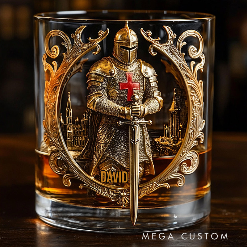 Personalized Knight of God Whiskey Glass with Name Religious Christian Gift Faith Gift for Men