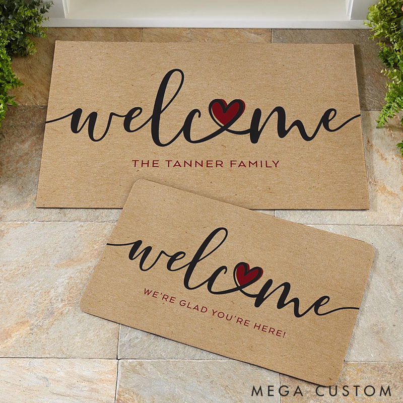 Personalized Welcome Doormat Custom Family Name Rug Perfect Housewarming Gift for New Home Heart Design Durable Entryway Mat for Indoor Outdoor Decor